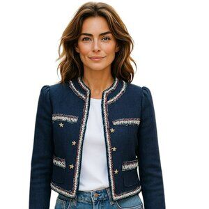 Boston Proper Navy Tweed Jacket Size 6 – Braided Trim & Star Buttons
